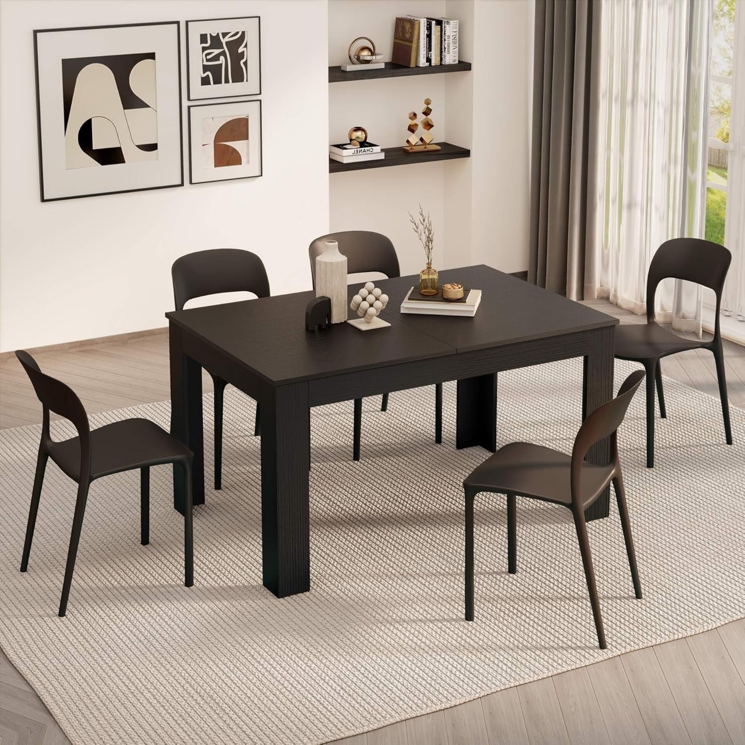 Extendable Dining Table Black 220cm Wood 6–8 Seater Modern Space Saver