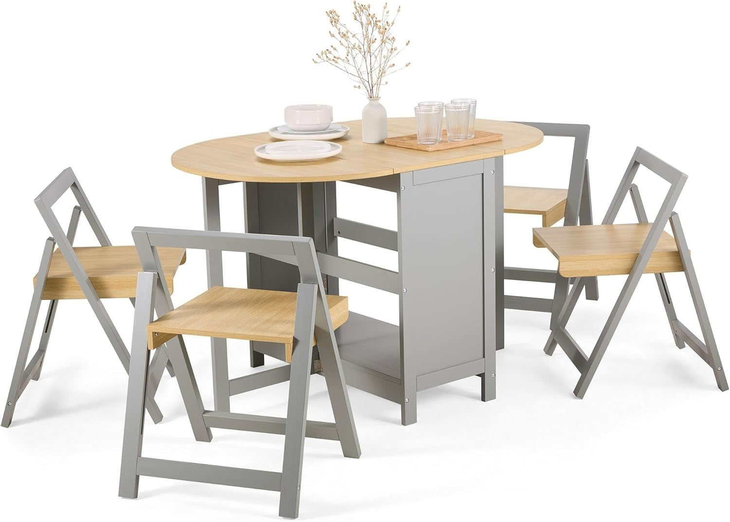 Foldable Dining Table & 4 Chairs 120cm Drop Leaf Grey Wood Set