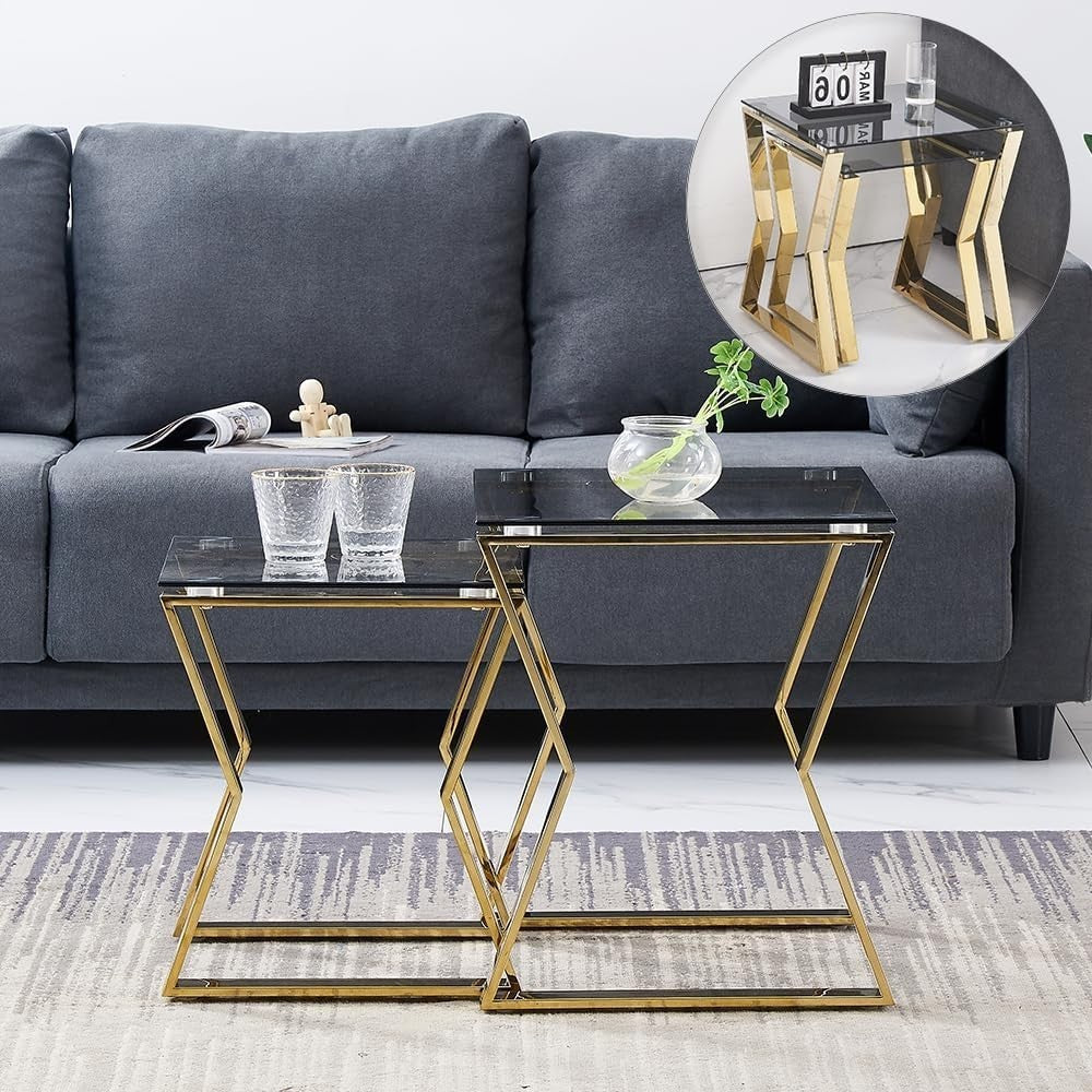 Modern Nesting Coffee Table Set of 2 End Side Stackable Metal Glass Gold