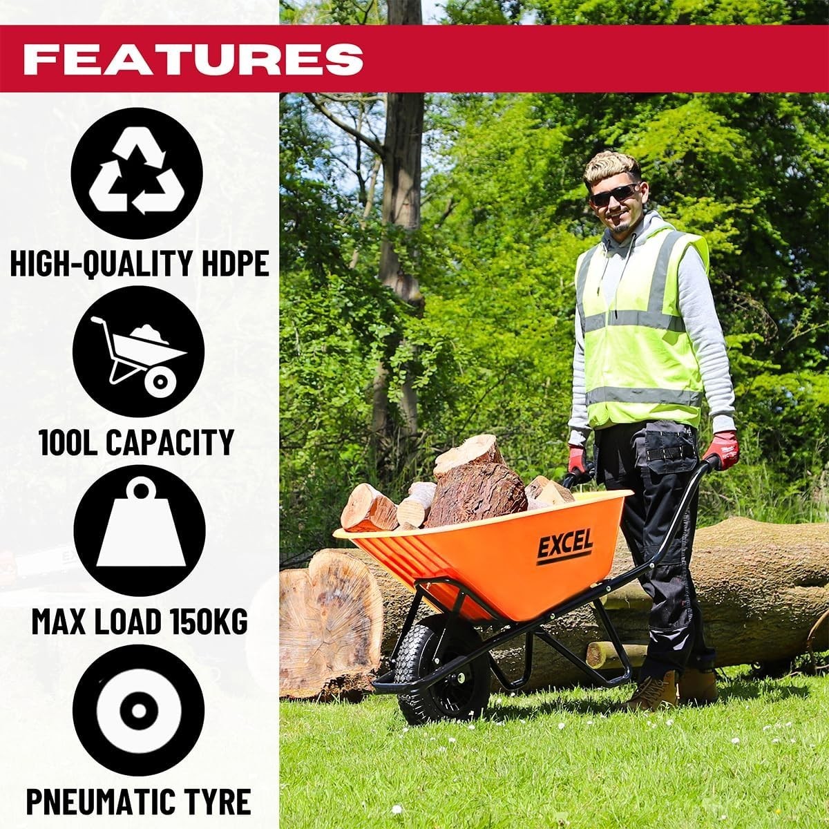 100L Orange Wheelbarrow – HDPE Tub w/ Reinforced Steel Frame & Air Tyre 150kg