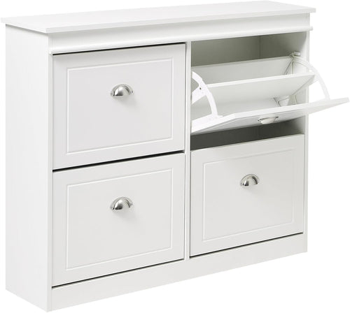 White Flip Down Shoe Cabinet with 4 Drawers & Adjustable Shelves 105x24x83cm
