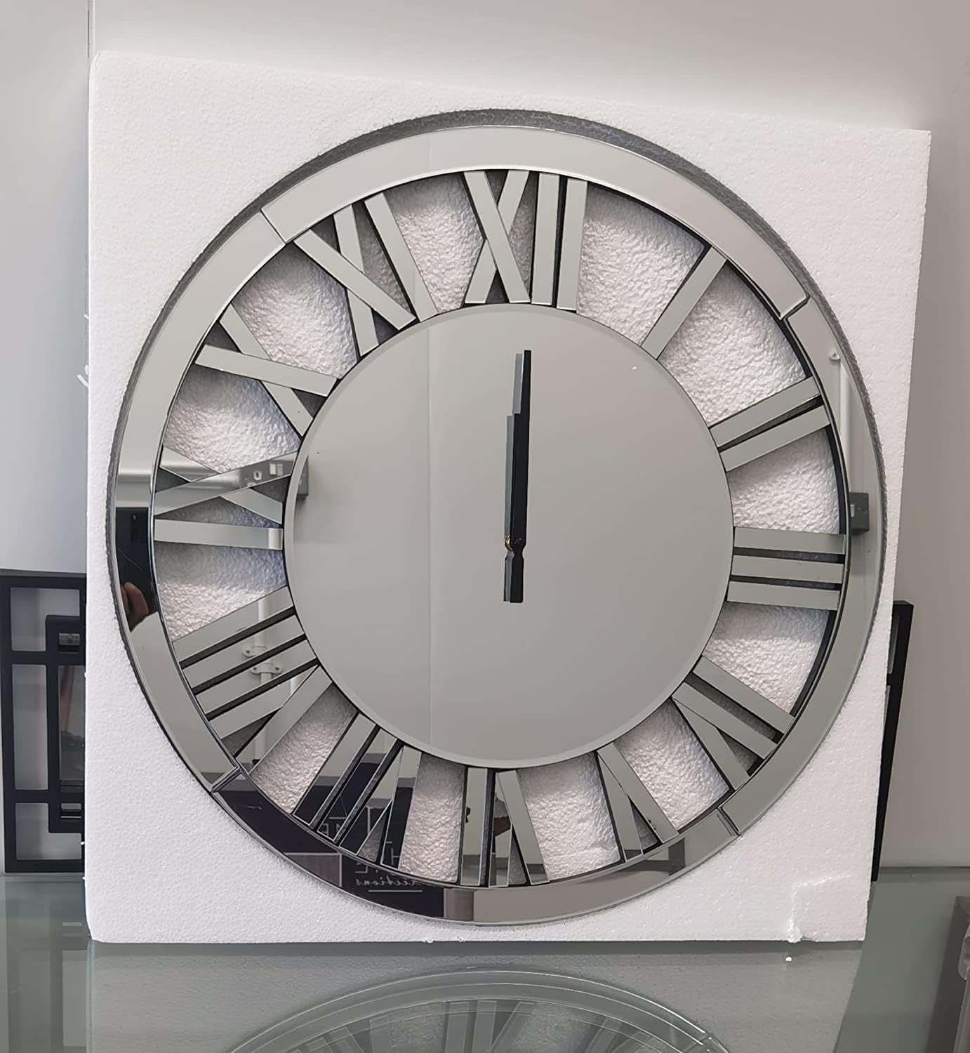 Large 80cm Silver Mirrored Wall Clock - Silent Roman Numerals, Modern Style