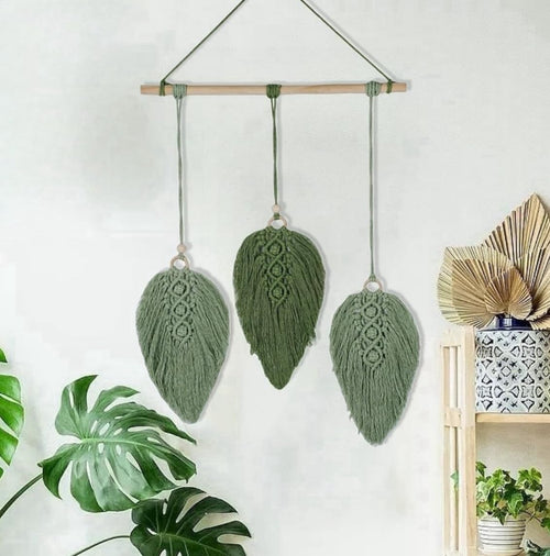 Green Macrame Leaf Wall Hanging Boho Woven Tapestry 80cm