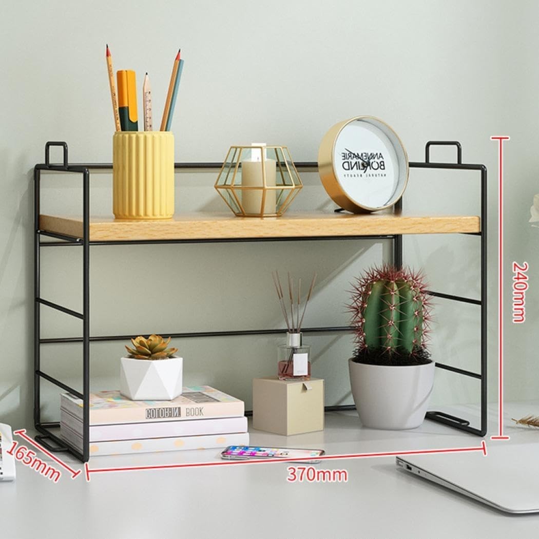 Desktop Organizer Shelf Compact Wood Display Rack Bookcase Storage Black Frame
