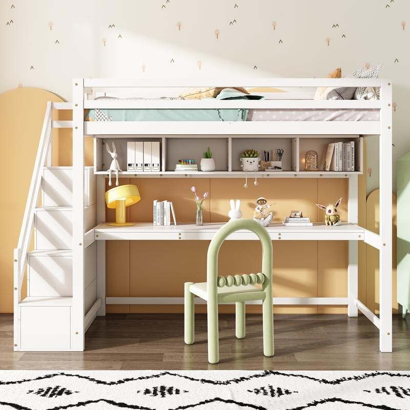 Kids Loft Bunk Bed with Desk Shelves Storage Stairs 3FT Pine Wood 90x190 White