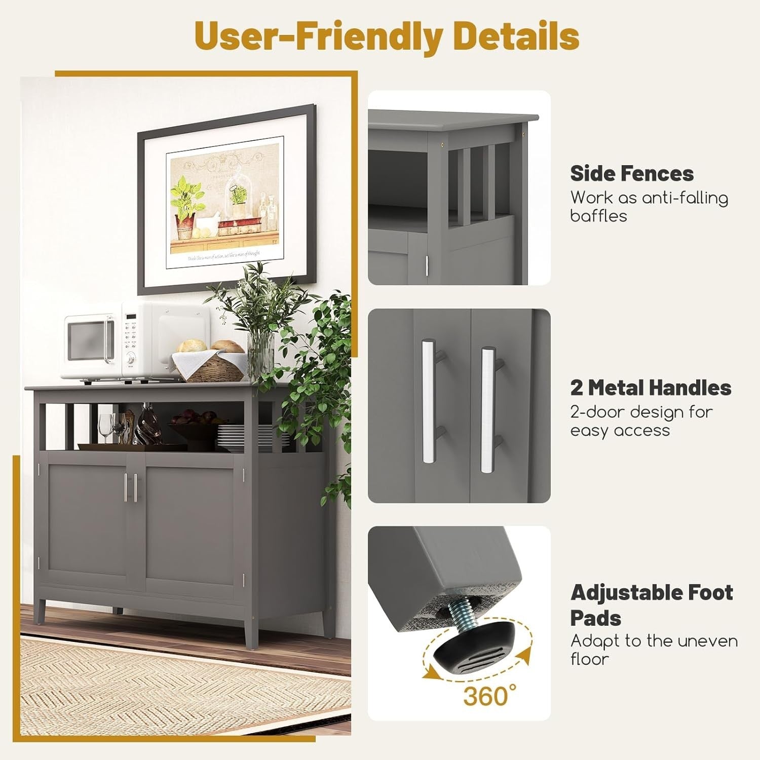 Grey Wooden Sideboard Cabinet Storage Unit with Doors & Adjustable Shelf