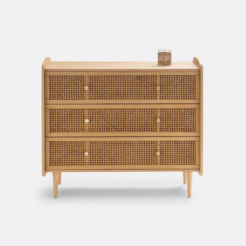 3 Drawer Oak Rattan Cane Chest | Bedroom Storage Unit 100x89.5x47cm