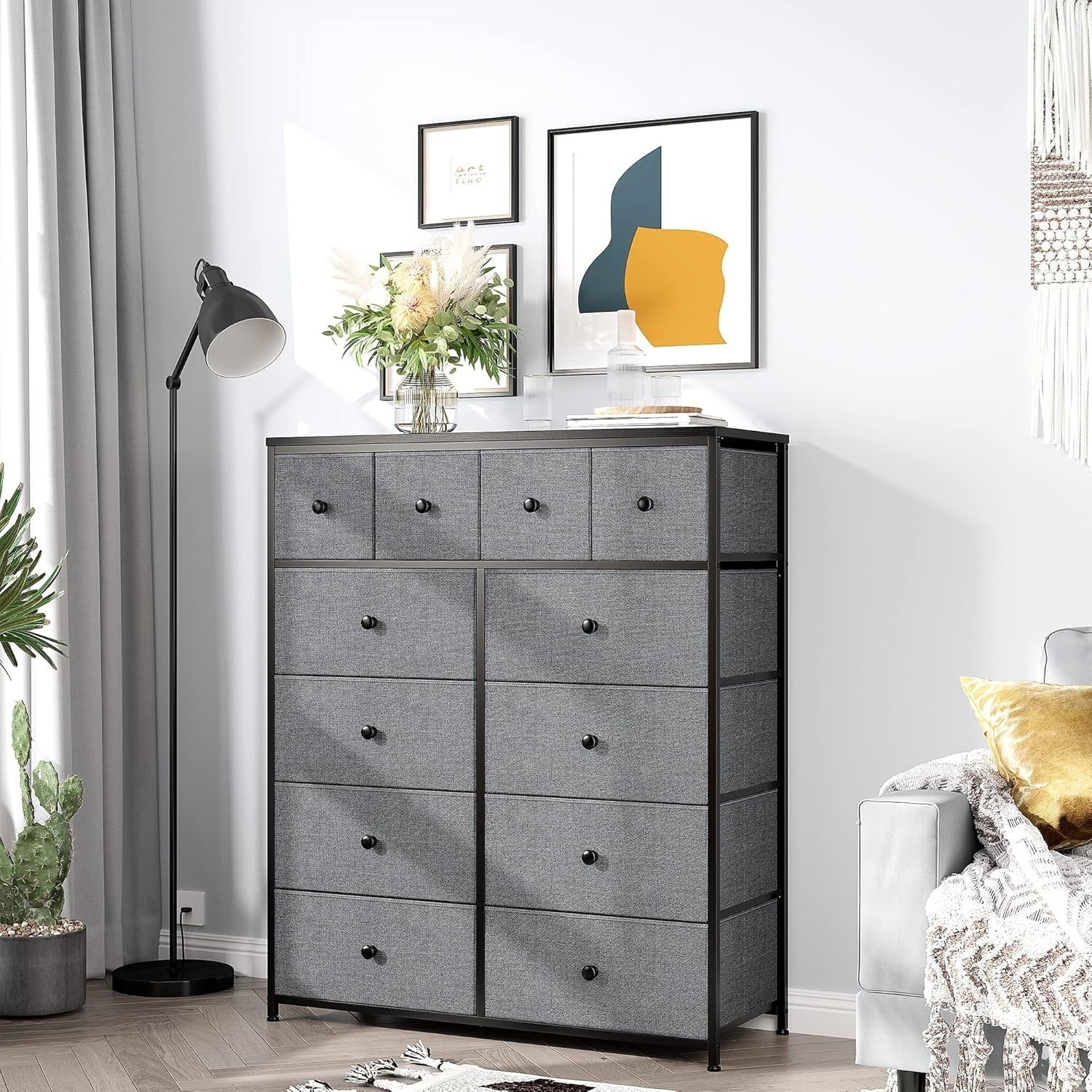 Tall Chest of Drawers Grey 12 Drawer Storage Unit for Bedroom Closet