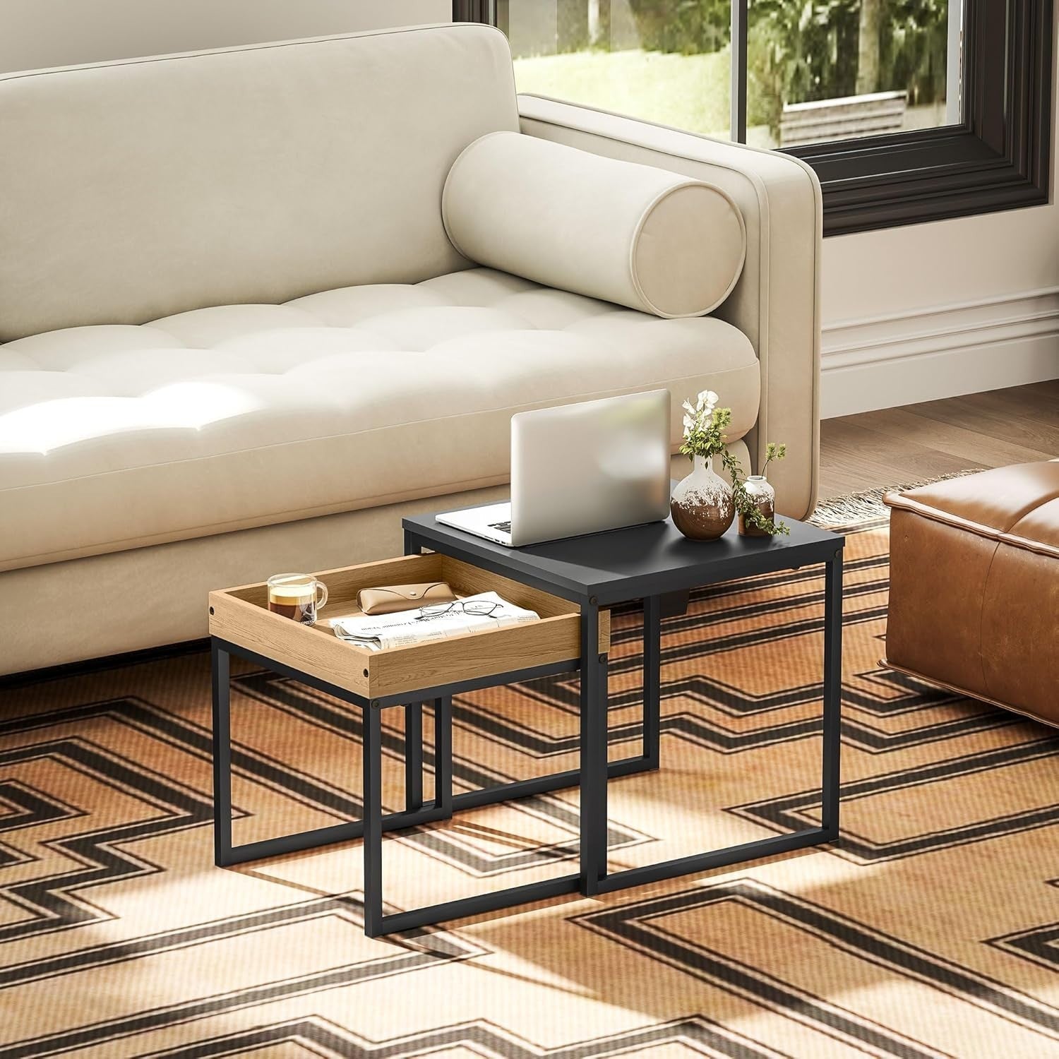 Square Nesting Coffee Side Tables Set, Black & Wood Effect, Steel Frame 30kg Max