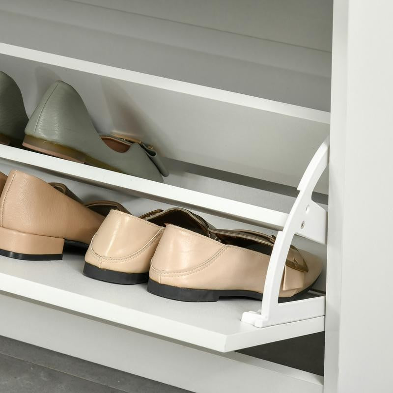 White Shoe Cabinet Bench with Drawers & Flip Doors – Slim Entryway Unit