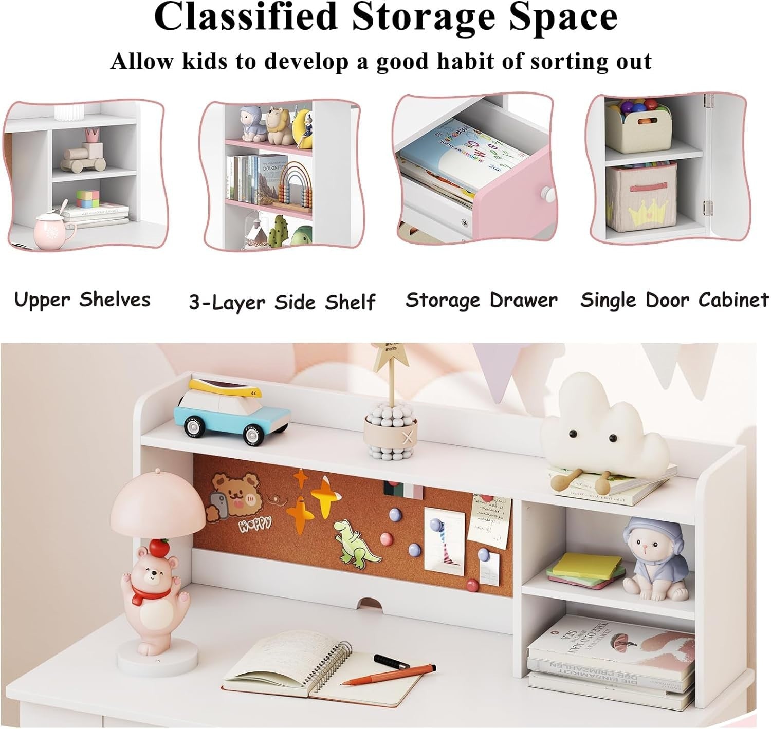 Kids Study Desk & Chair Set Wooden Children’s Table w/ Storage Shelf Pink White