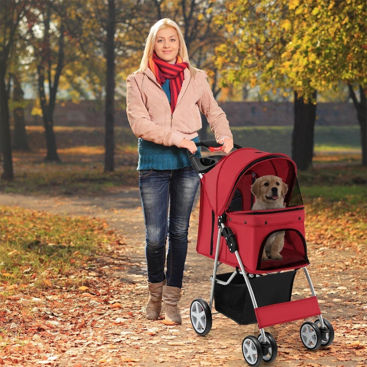 Red Pet Stroller Foldable Dog Cat Pushchair 15kg Storage Basket