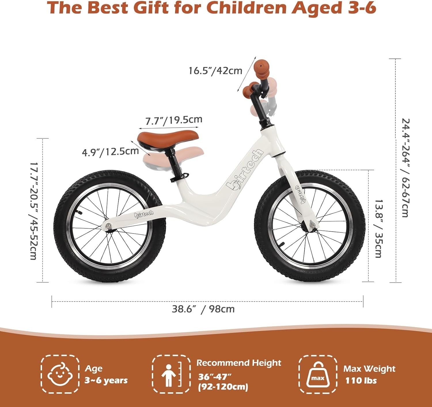 14 Inch Balance Bike Kids Training Bicycle Air Tires Adjustable Age 3-6