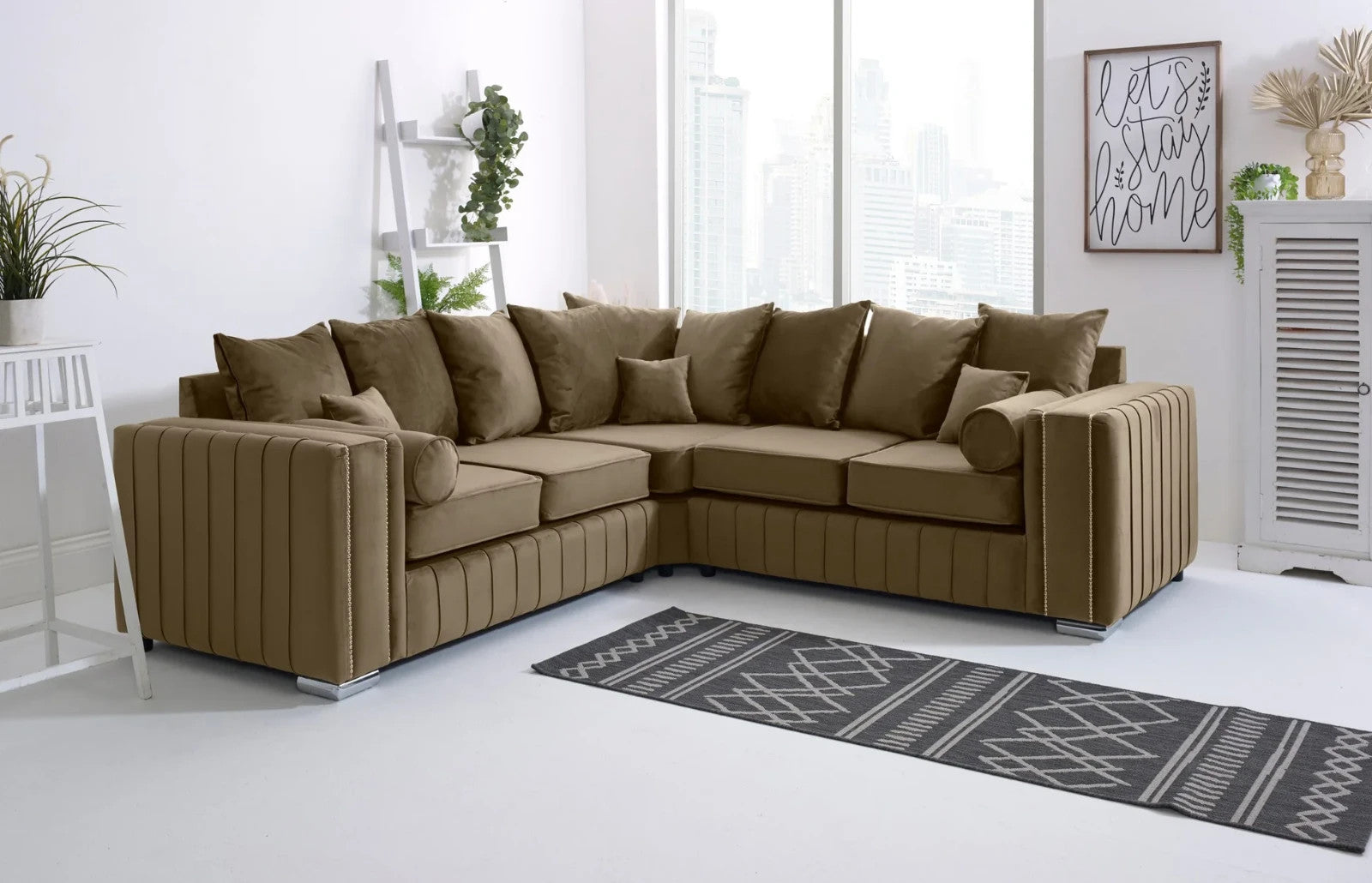 Mink Velvet Corner Sofa 5 Seater L Shape 2C2 Couch Chrome Legs Modern