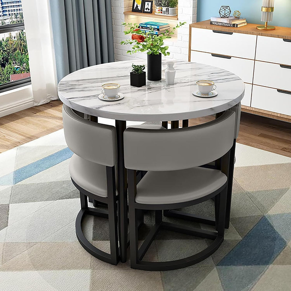 80cm Leather Office Meeting Set – Round Space-Saving Table with 4 Padded Chairs