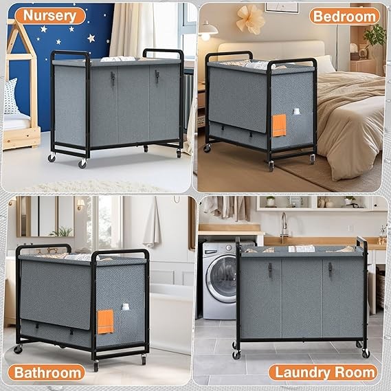 230L 3-Section Laundry Sorter Cart with Wheels & Metal Frame – Grey Organizer