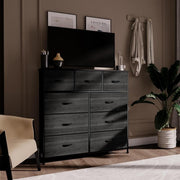 Black Fabric 9 Drawer Dresser Storage Unit with Wood Top for Bedroom 100cm