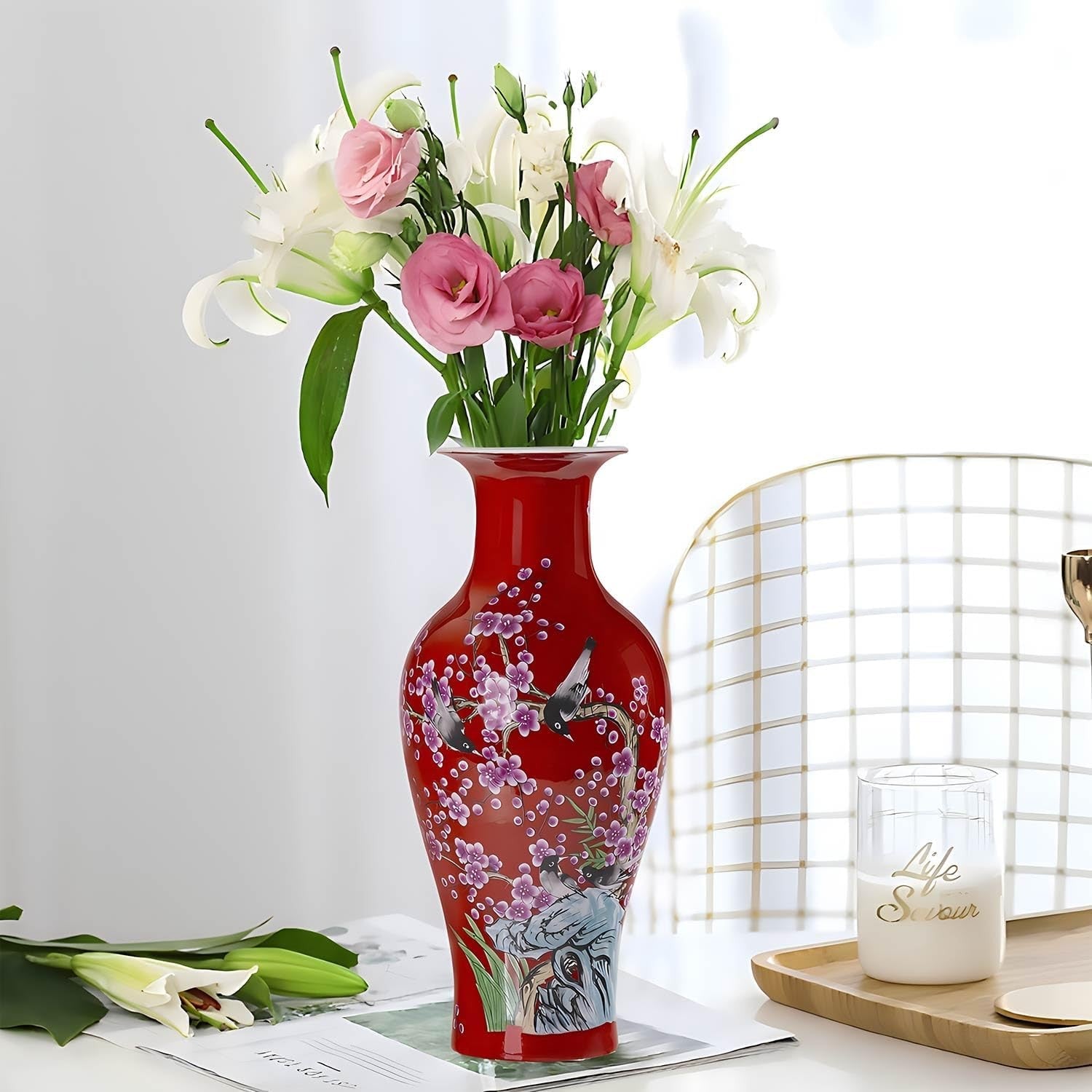 14 Inch Red Ceramic Flower Vase Hand Painted Elegant Table Centerpiece