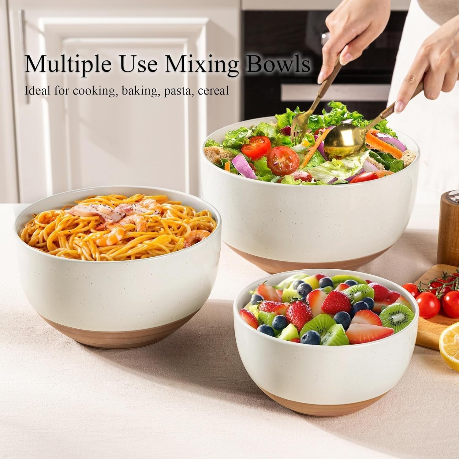 3-Piece Light Beige Ceramic Mixing Bowls Set Nesting 1.3-4.6 Qt