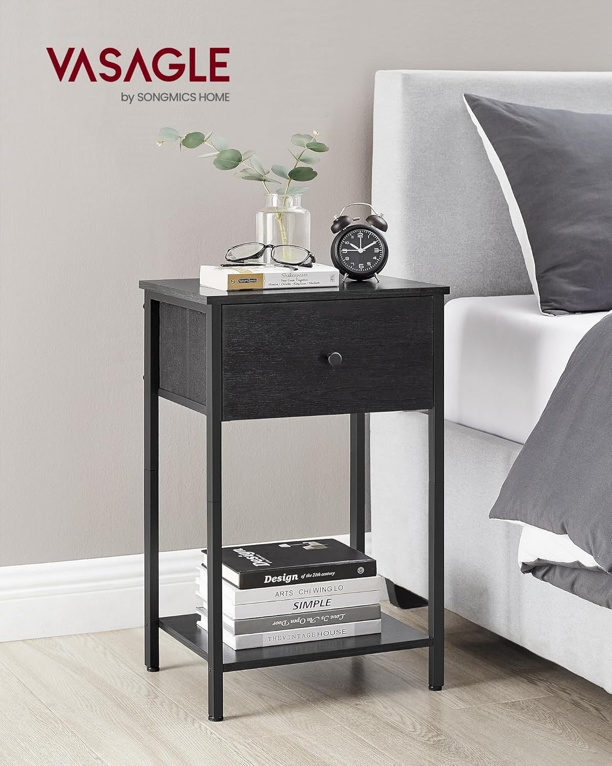 Tall Bedside Table with Drawer & Shelf, Modern 24-Inch Nightstand in Black