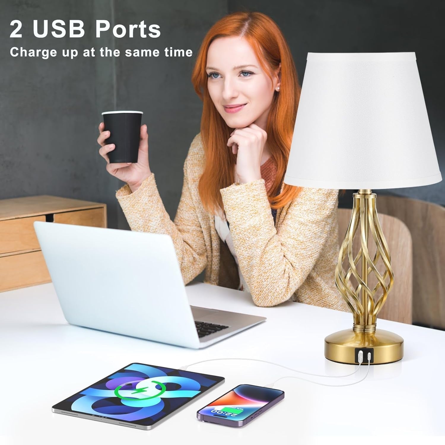Gold Bedside Lamps Set of 2 USB Charging 3-Way Touch White Shade 47cm