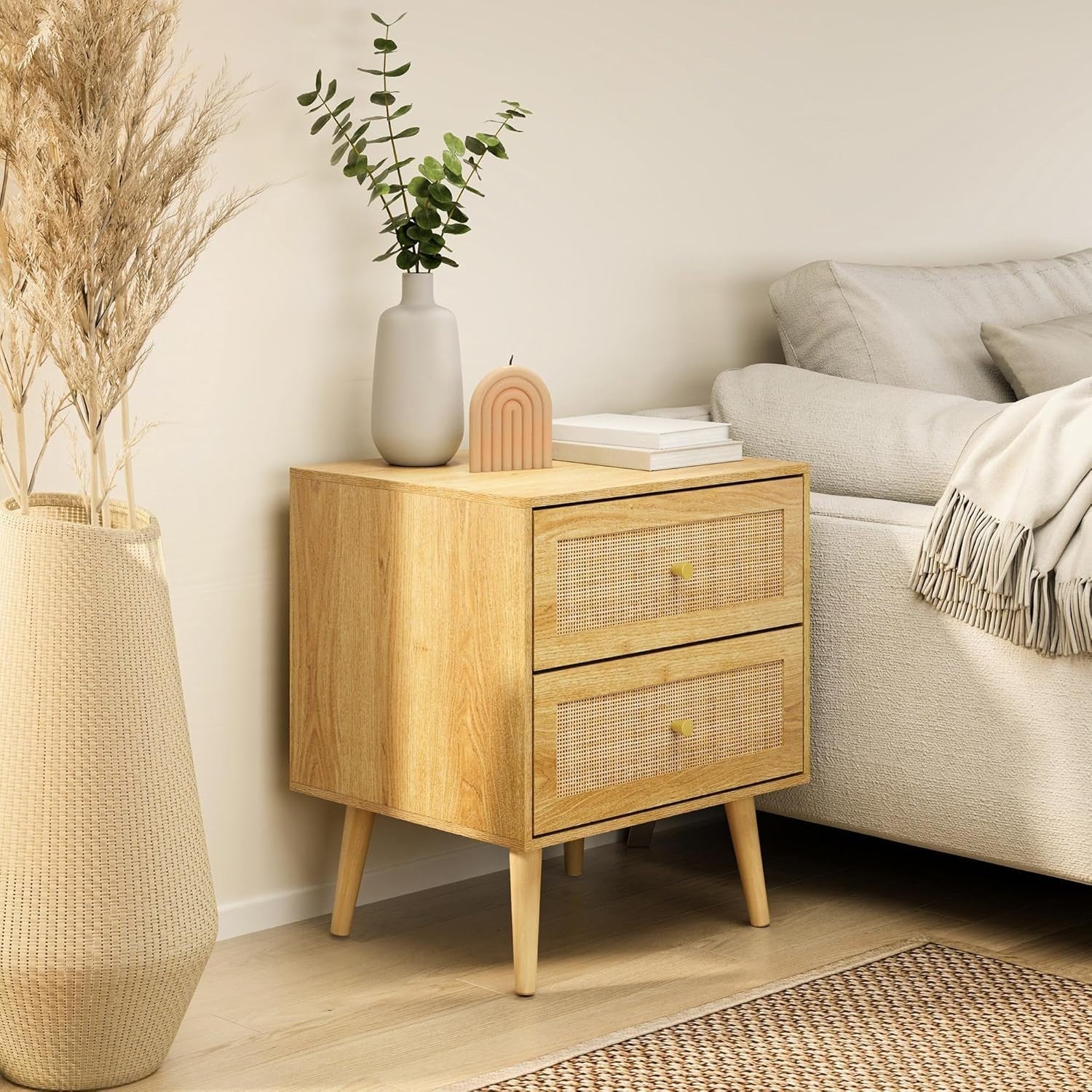 Set of 2 Rattan Bedside Tables – Scandi Boho 2 Drawer Wooden Nightstands