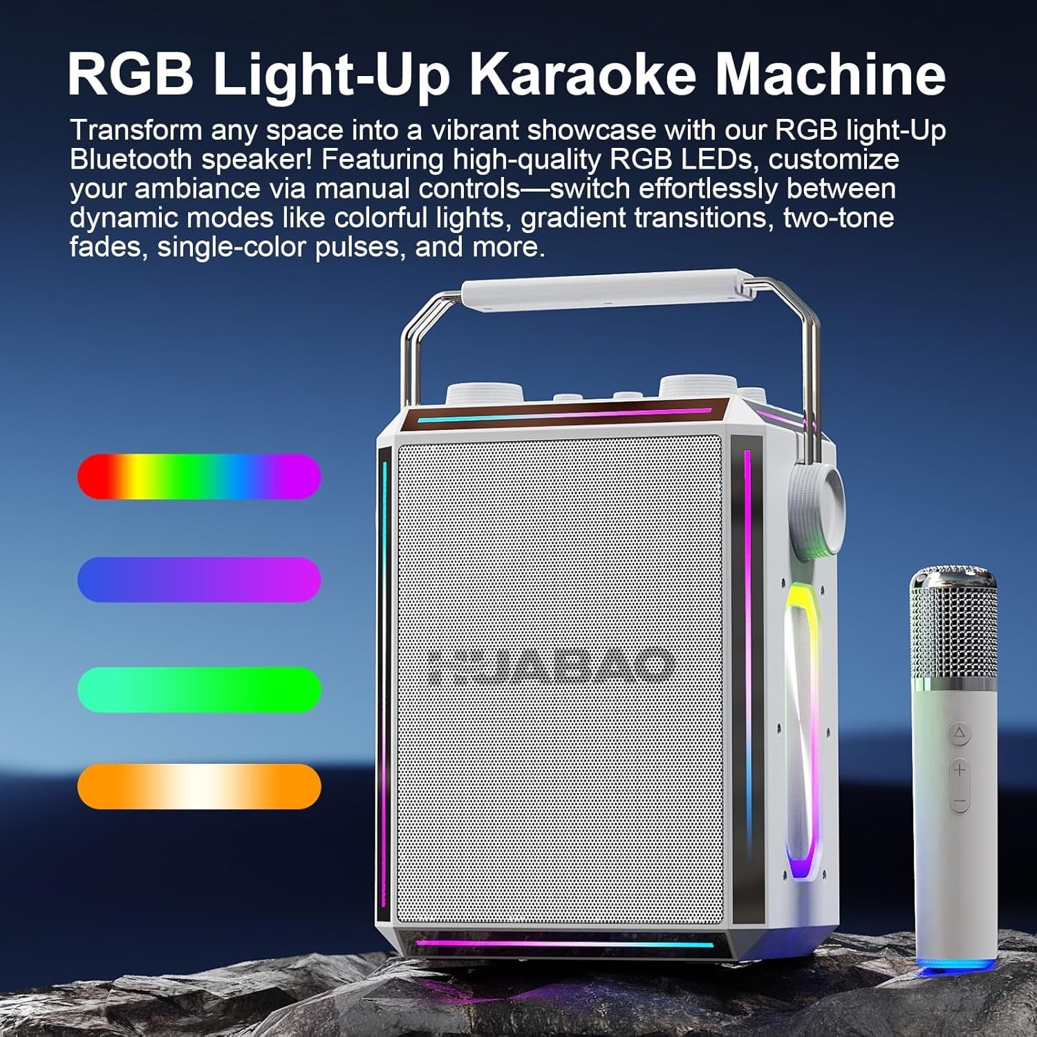 White Bluetooth Karaoke Speaker with 2 Wireless Mics RGB Party