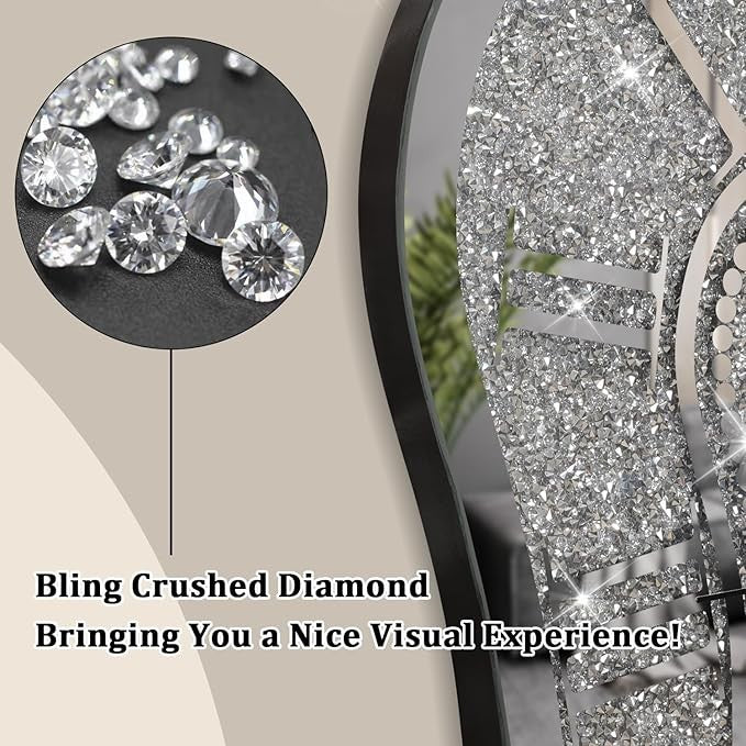Irregular Crushed Diamond Mirror Wall Clock Silver Crystal Sparkle 40cm Decor