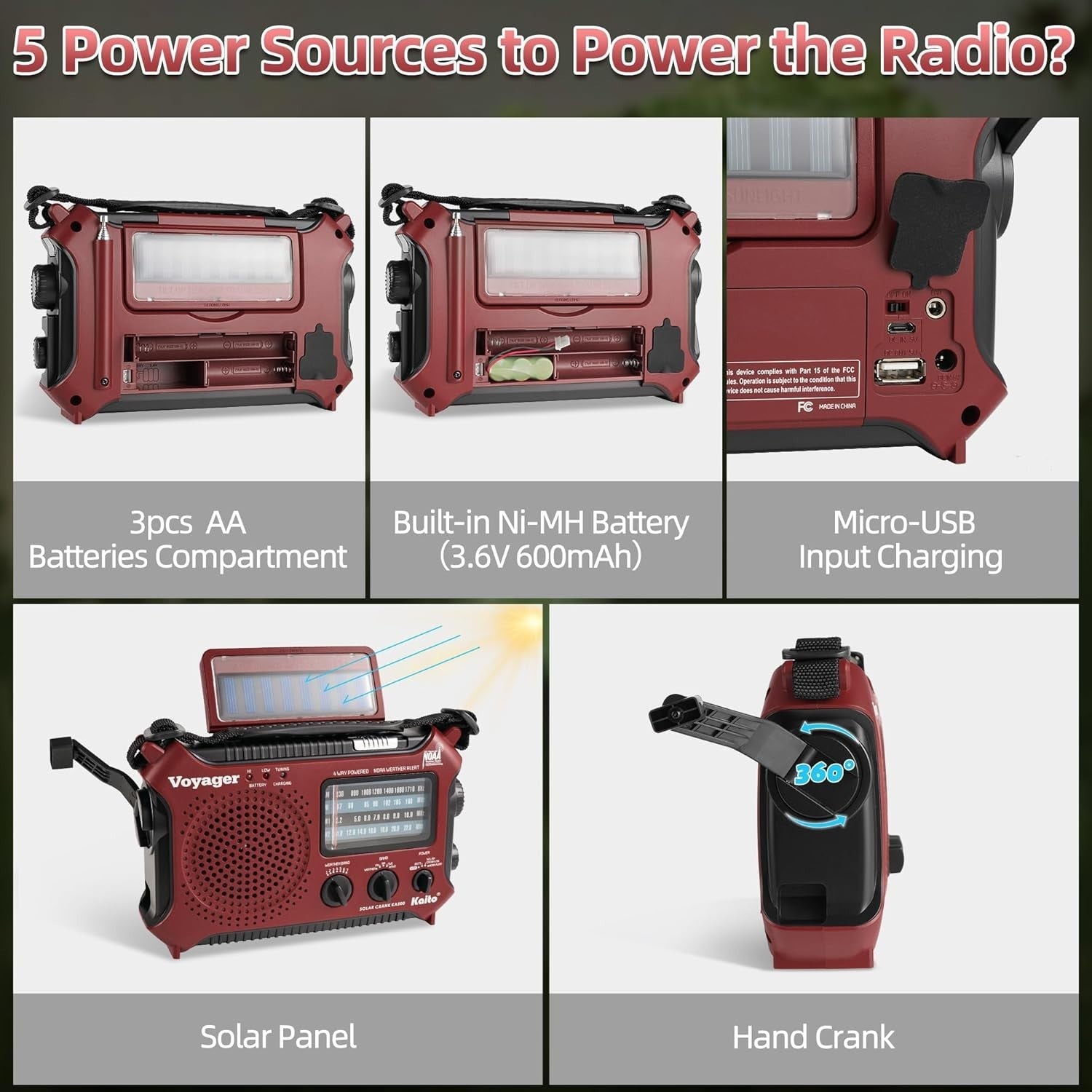 Emergency Weather Alert Radio Solar Hand Crank AM FM SW 7 Band Red