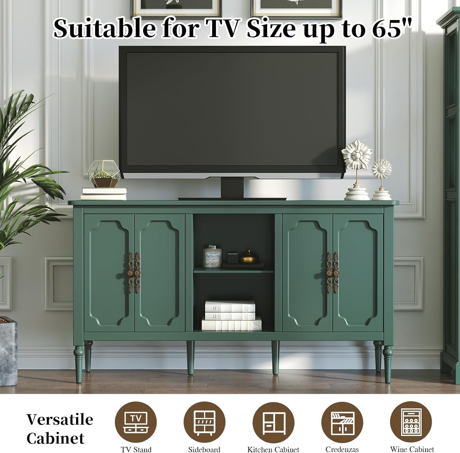 Green Wood Sideboard Cabinet 4 Door Gold Accent Buffet Storage Unit
