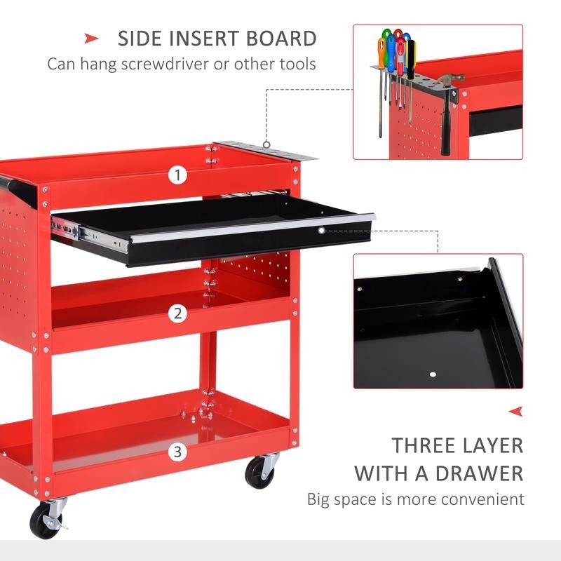 3-Tier Tool Trolley Cart with Drawer | Red Garage Workshop Storage Unit