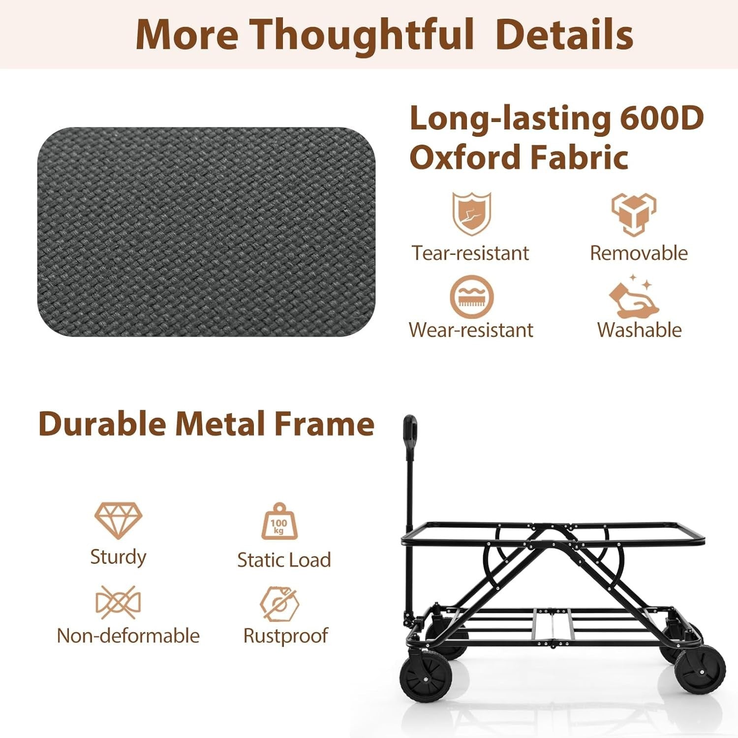 Grey Folding Garden Trolley Cart 170L Collapsible Wagon w/ Adjustable Handle