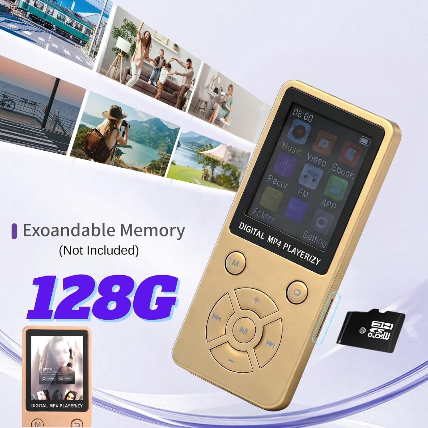 64GB Bluetooth 5.0 MP3 MP4 Player 1.8" LCD FM Radio Gold