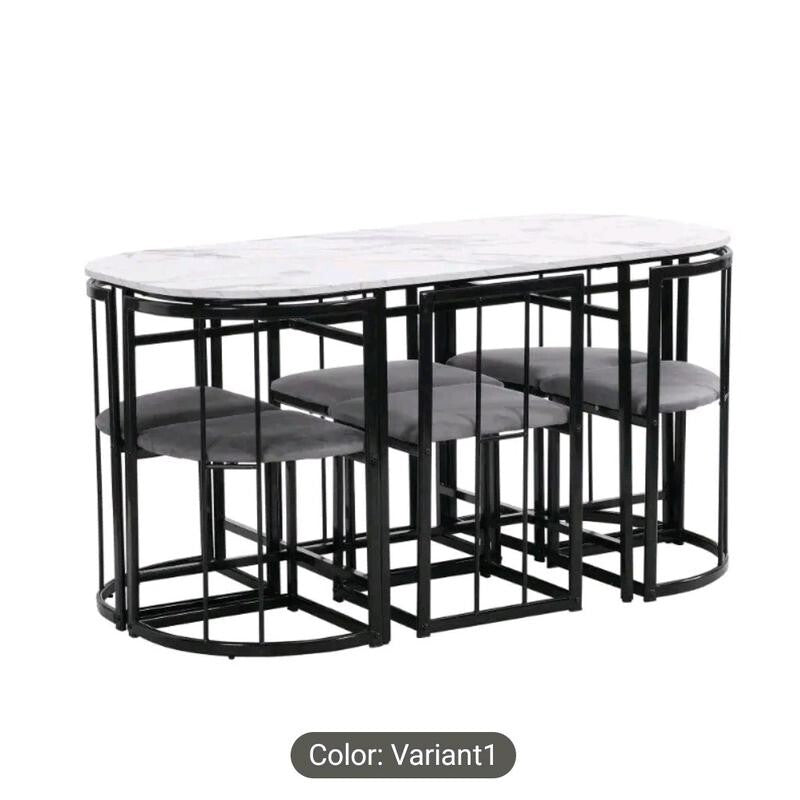 6 Seater Marble Dining Table Set – Modern Black Frame + Cushioned Chairs