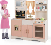 Retro Pink Wooden Play Kitchen Ice Maker Coffee Station Toy Set