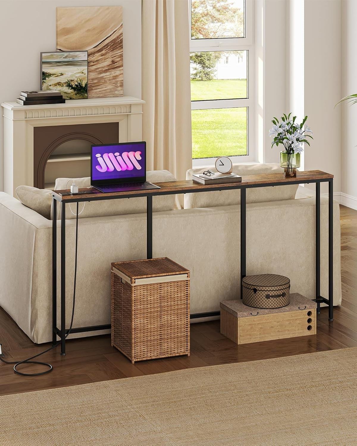 Slim Rustic Console Table with Power Outlet & USB Charging Station