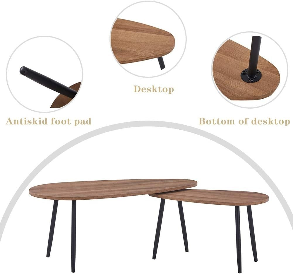 Walnut Triangle Coffee Table Set 2-Piece Modern Composite Top Metal Legs