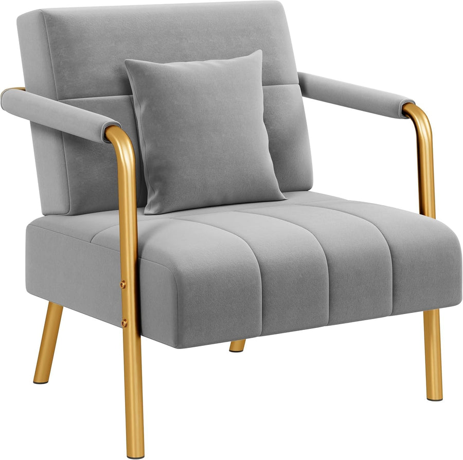 Modern Velvet Accent Armchair – Light Gray Upholstered Lounge Chair with Gold Le
