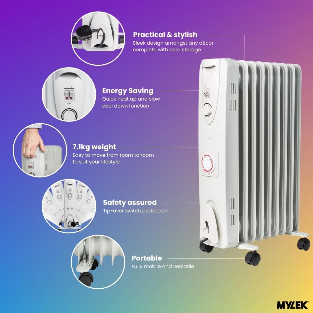 2000W Oil Filled Radiator Heater | Timer, Thermostat, Energy Efficient