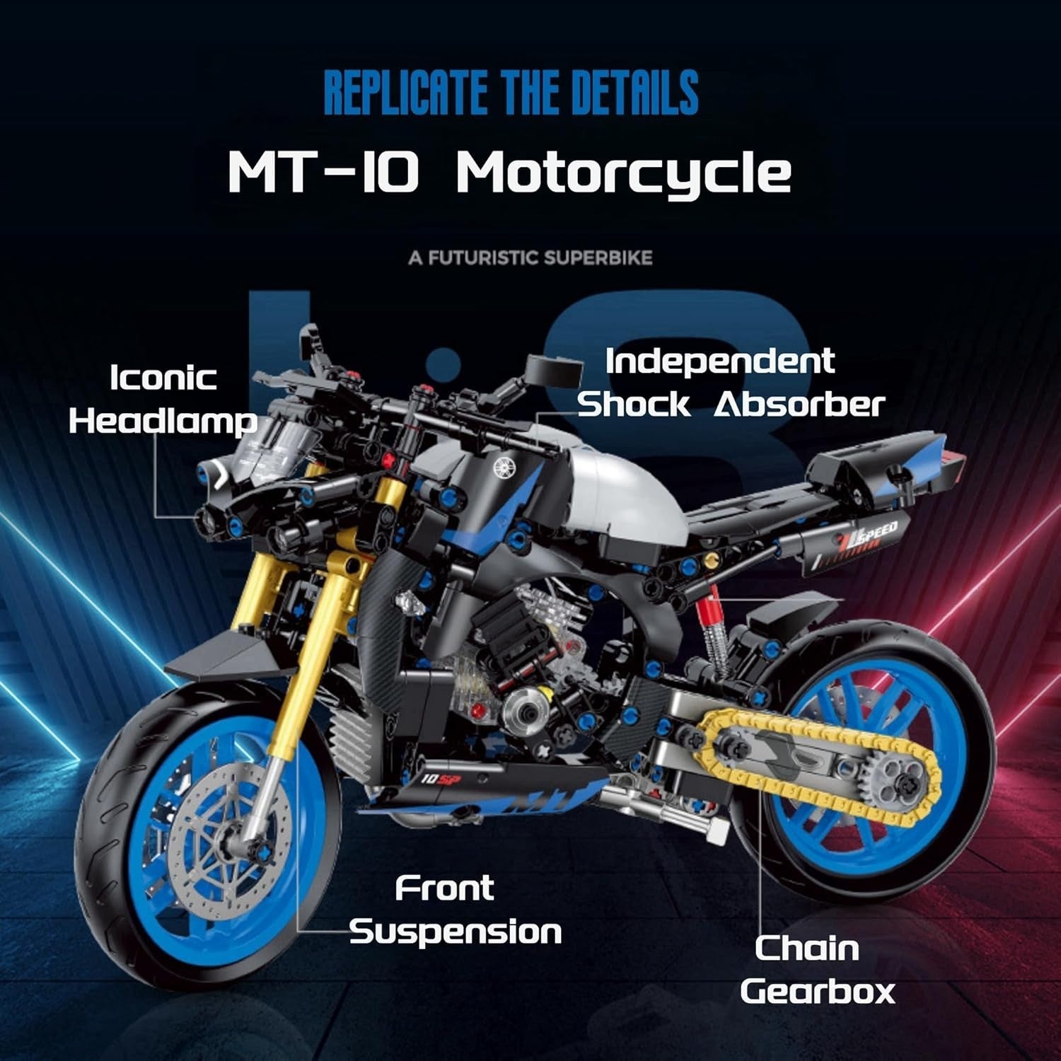 Detailed 638pcs Motorcycle Model Kit with Suspension & Realistic Parts