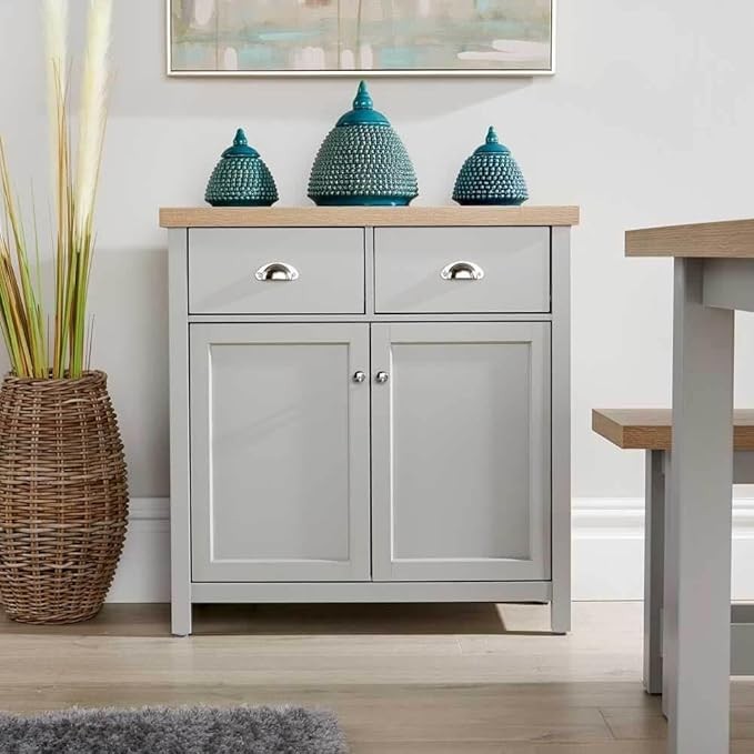 Modern Grey Oak Sideboard Cabinet with 2 Doors 2 Drawers Storage Unit Cupboard