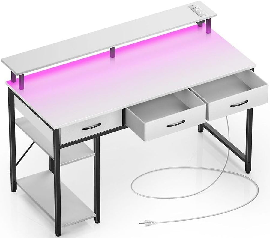 White 137cm Computer Desk w/Drawers, LED Lights & Power Outlets Workstation