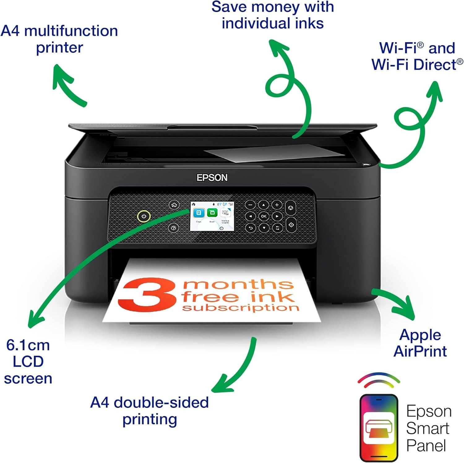 Black A4 3-in-1 Wireless Printer Scanner Copier with Duplex, Wi-Fi