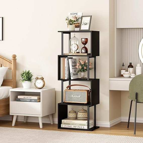 Modern S-Shaped 4-Tier Corner Bookshelf | Space-Saving Display Shelf | Black
