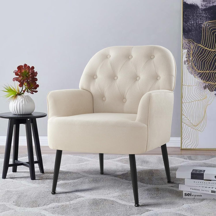 Linen Accent Armchair Tufted Mid Century Lounge Chair Beige