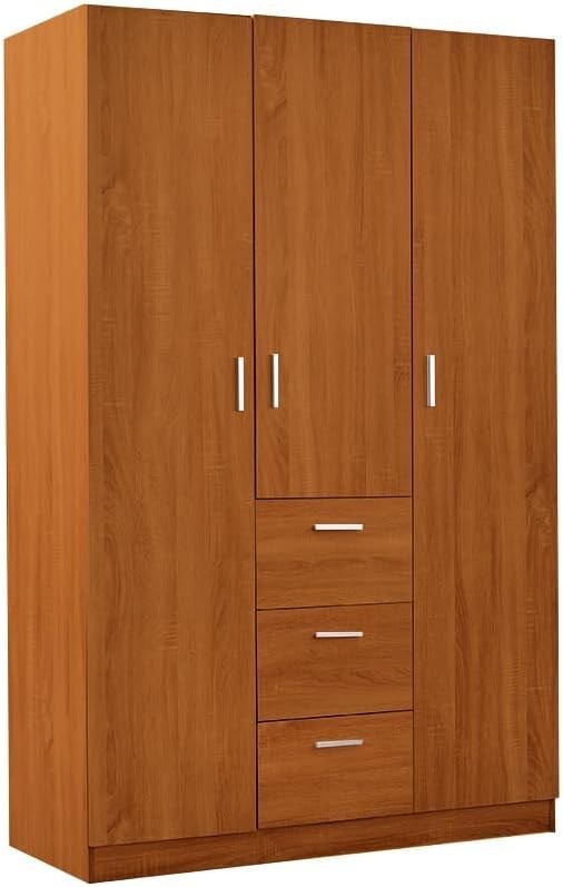 Large 3 Door Wardrobe with 3 Drawers, Shelves & Hanging Rail - Brown Bedroom
