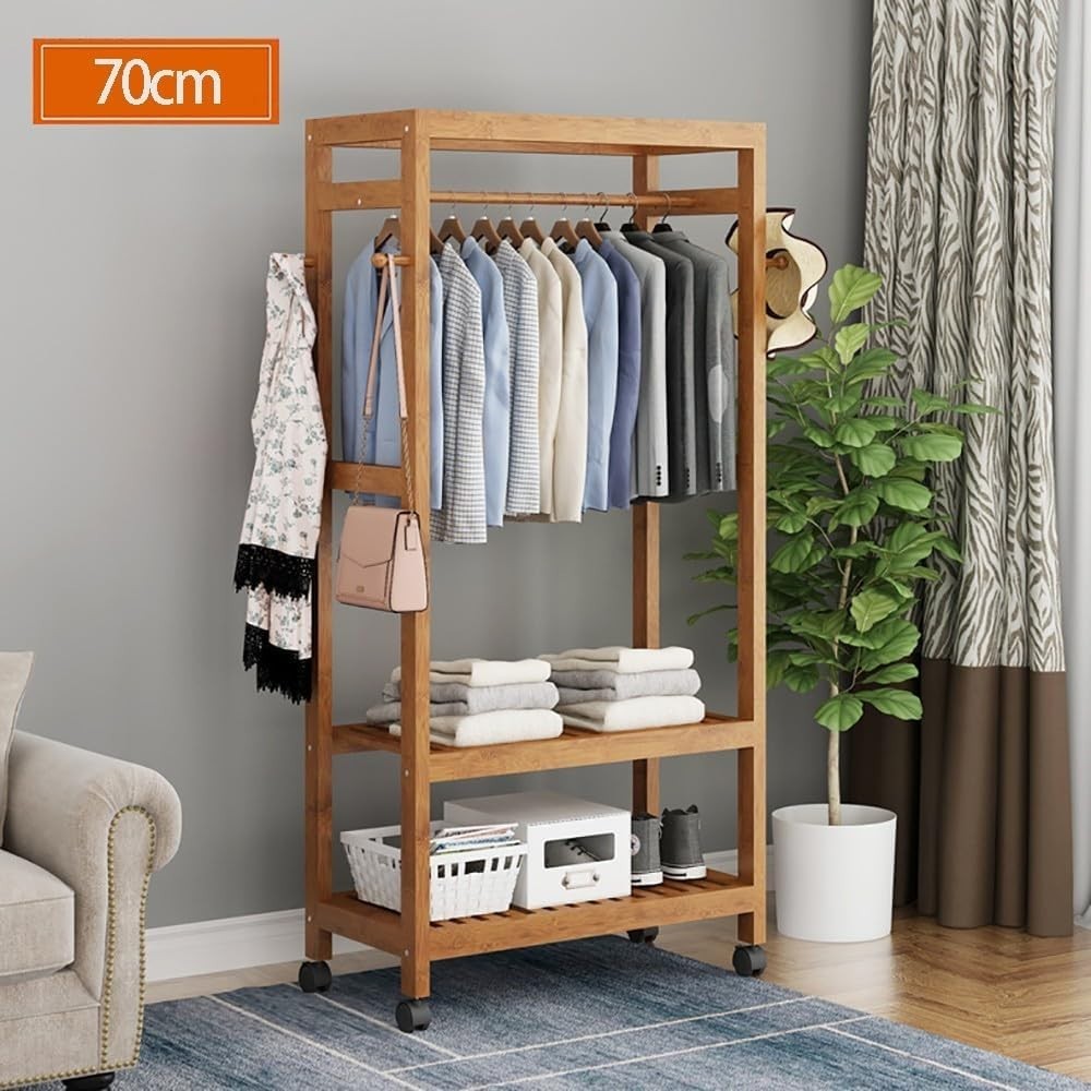 Bamboo Clothes Rack Garment Storage Trolley on Wheels