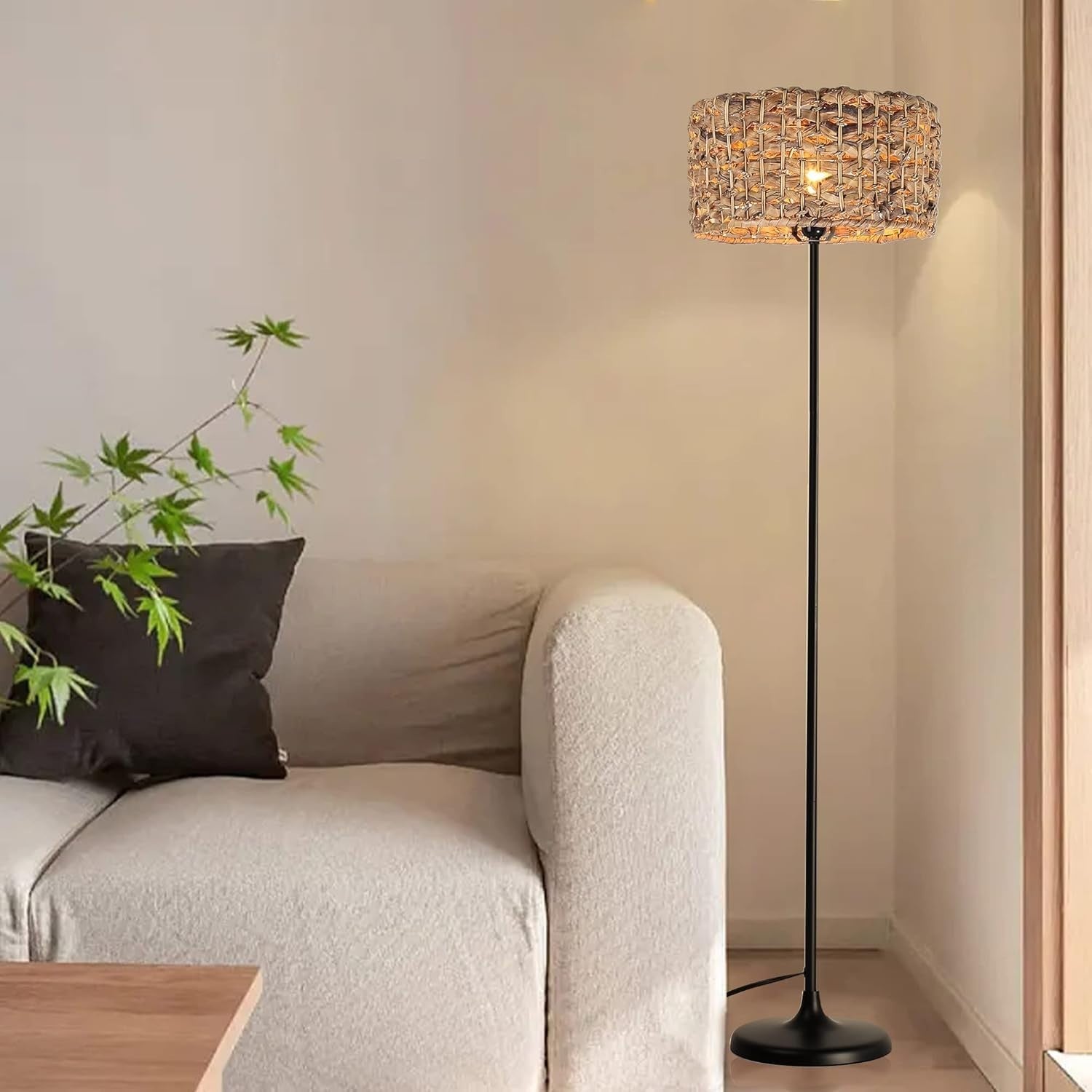 Industrial Boho Rattan Floor Lamp with Bamboo Shade & Foot Switch, 150cm