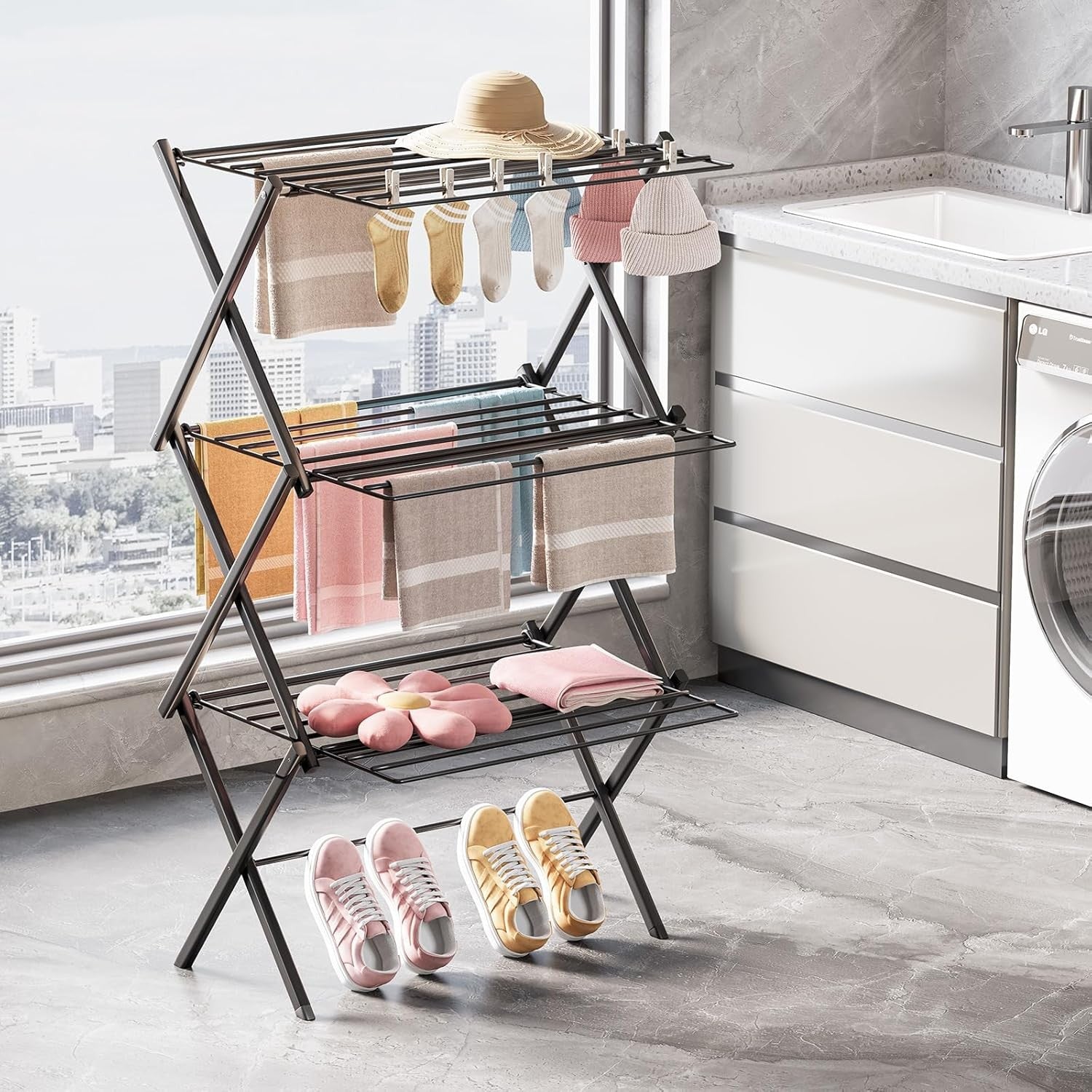 3 Tier Clothes Airer Foldable Drying Rack Space Saving Indoor Laundry
