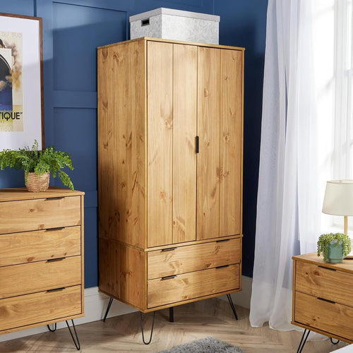 Wardrobe Cabinet with Drawers & Hanging Rail, Pine Wood Storage Unit